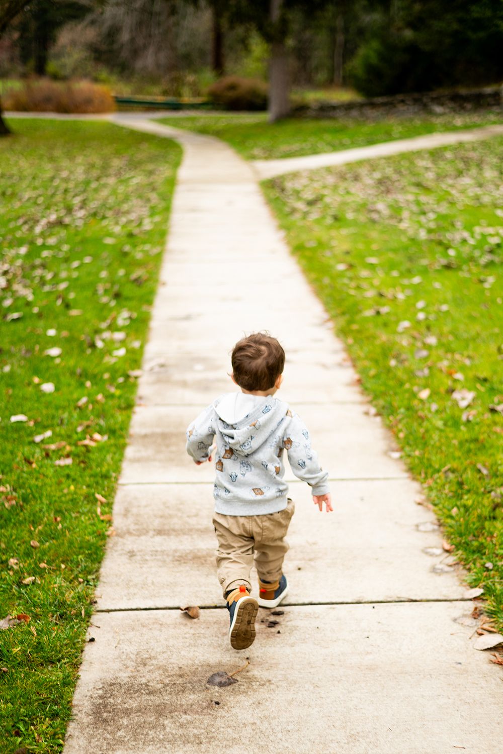 Young child wearing a patterned hoodie runs along a winding concrete path surrounded by green grass and flowers.