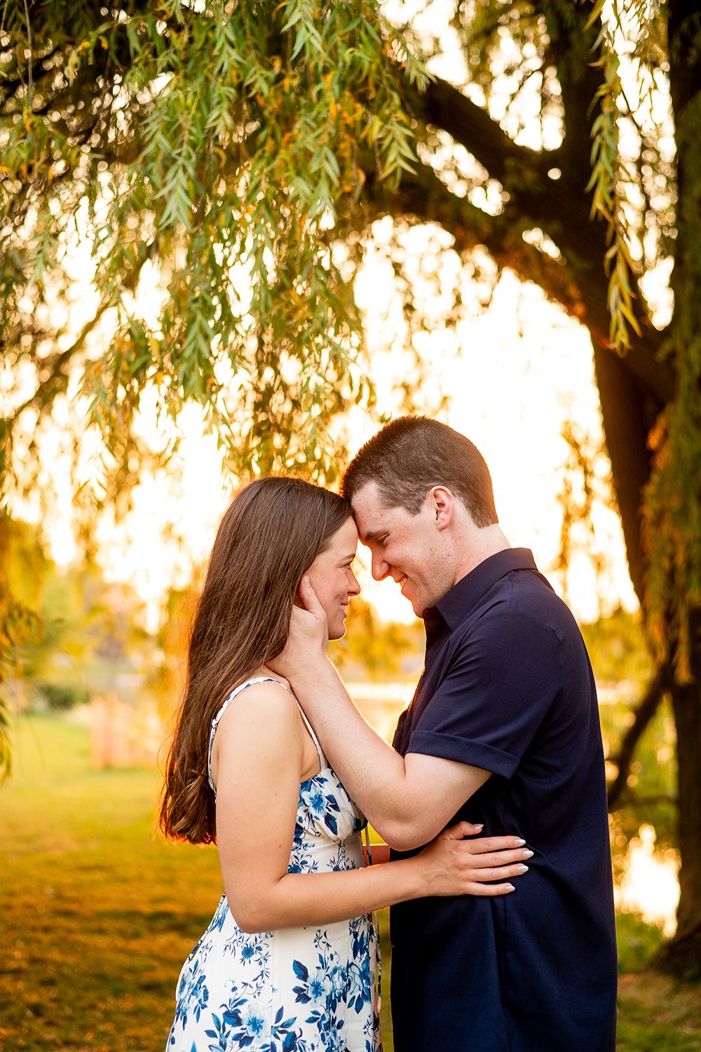 A romantic moment between a couple beneath a willow tree bathed in warm golden light.