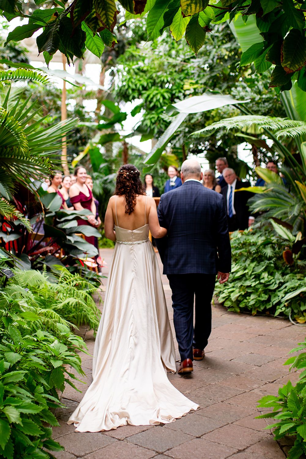 Wedding couple walks down pathway lined with lush green tropical plants and ferns in a greenhouse setting.