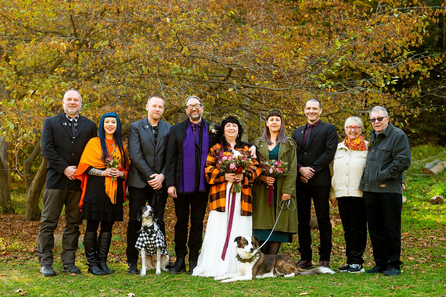 Fall wedding group photo with autumn foliage and two dogs in front of colorful trees in nature setting.