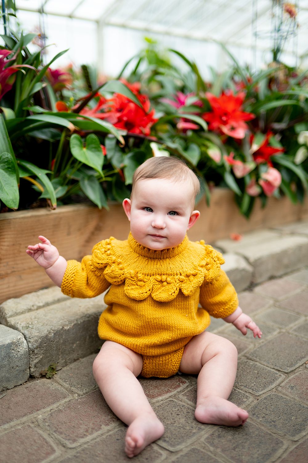 A baby wearing a mustard yellow knit sweater with scalloped collar sits on stone pavers near red flowers.