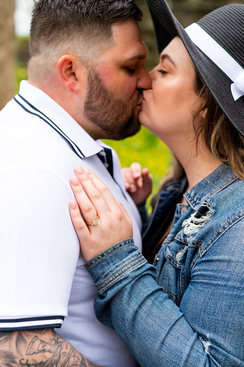 Romantic close-up series of tender moments shared between couple against a blurred outdoor backdrop.