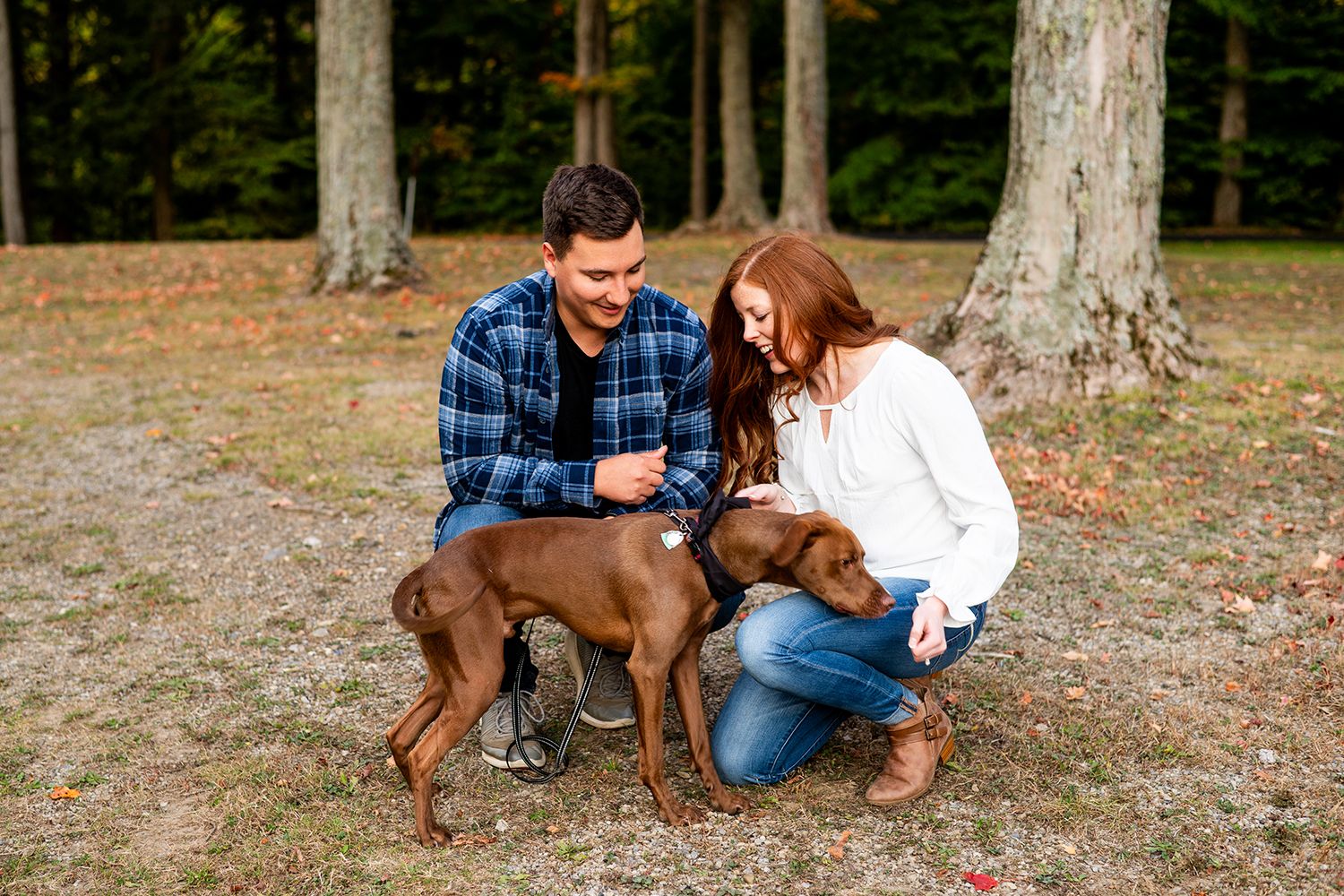 Couple in casual fall attire pets their brown dog in a wooded forest setting with fallen leaves on the ground.