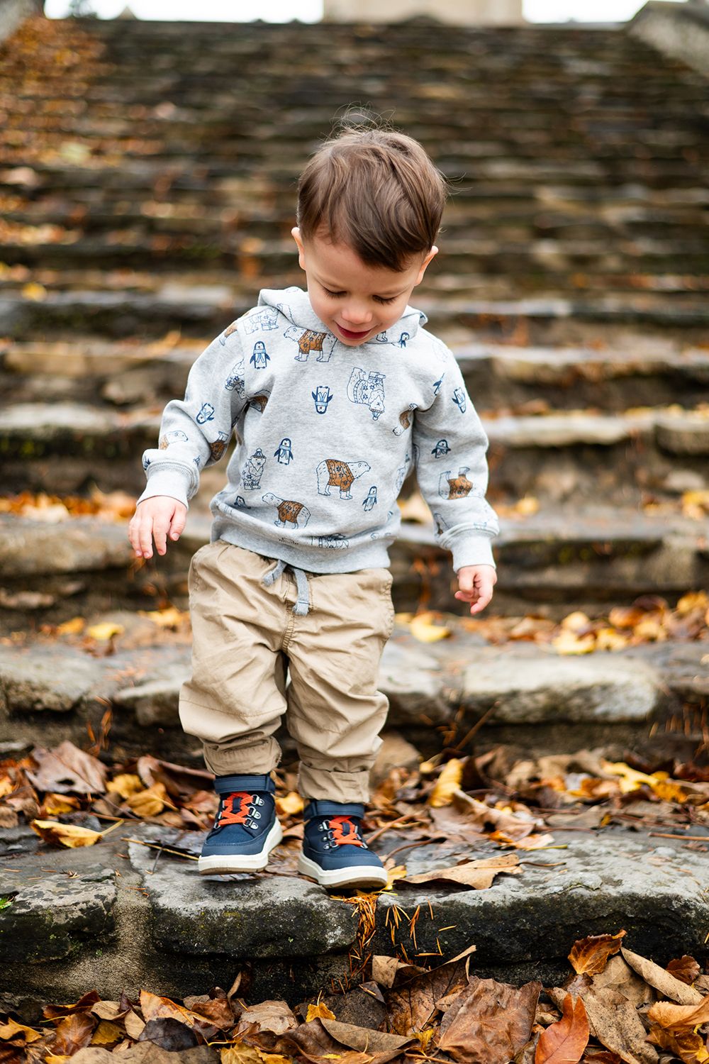 A toddler wearing a patterned sweater and khaki pants stands on stone steps covered in autumn leaves.