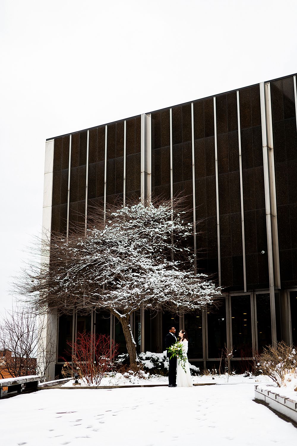 Winter wedding scene with snow-covered tree outside modern architectural building with vertical lines.