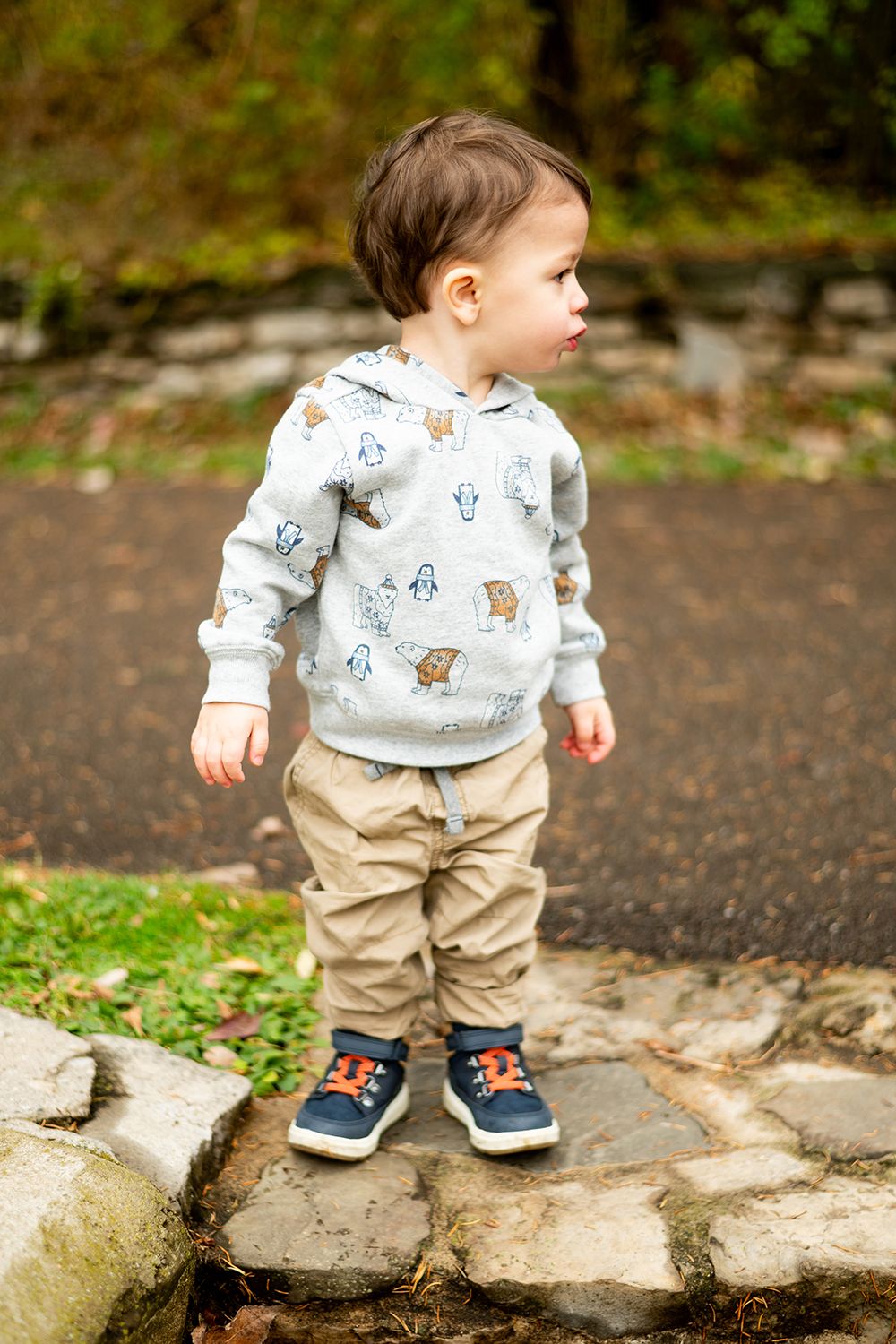 A toddler wearing a patterned sweater and khaki pants stands on stone steps in a garden.