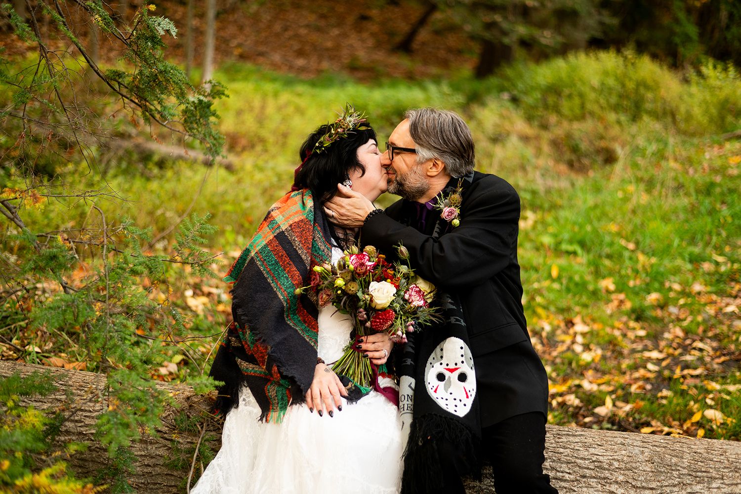 A romantic autumn wedding photoshoot captured in seven connected photos showing tender moments amidst fall foliage.