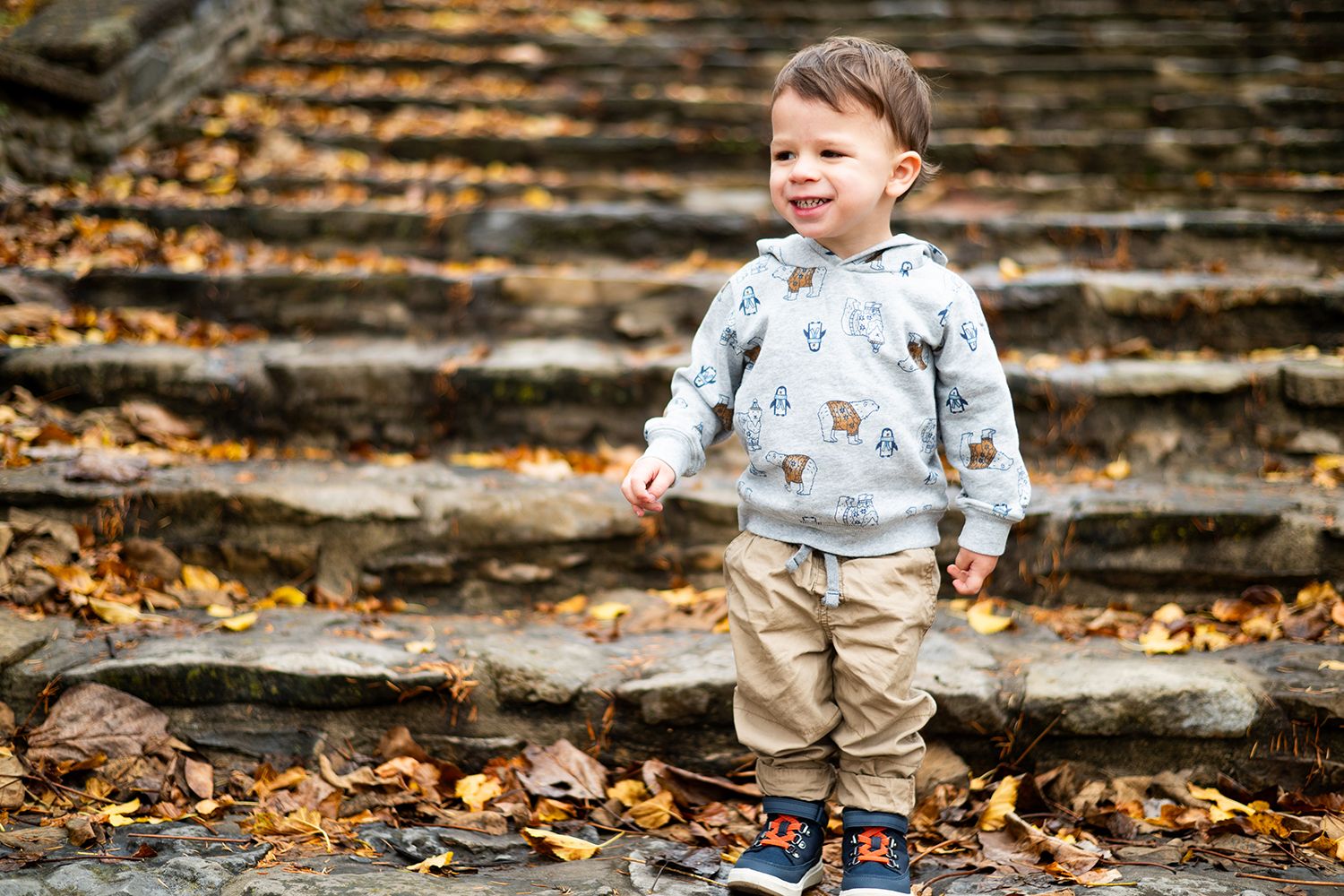 Small child wearing a patterned zip-up sweater and khaki pants stands on stone steps covered in autumn leaves.