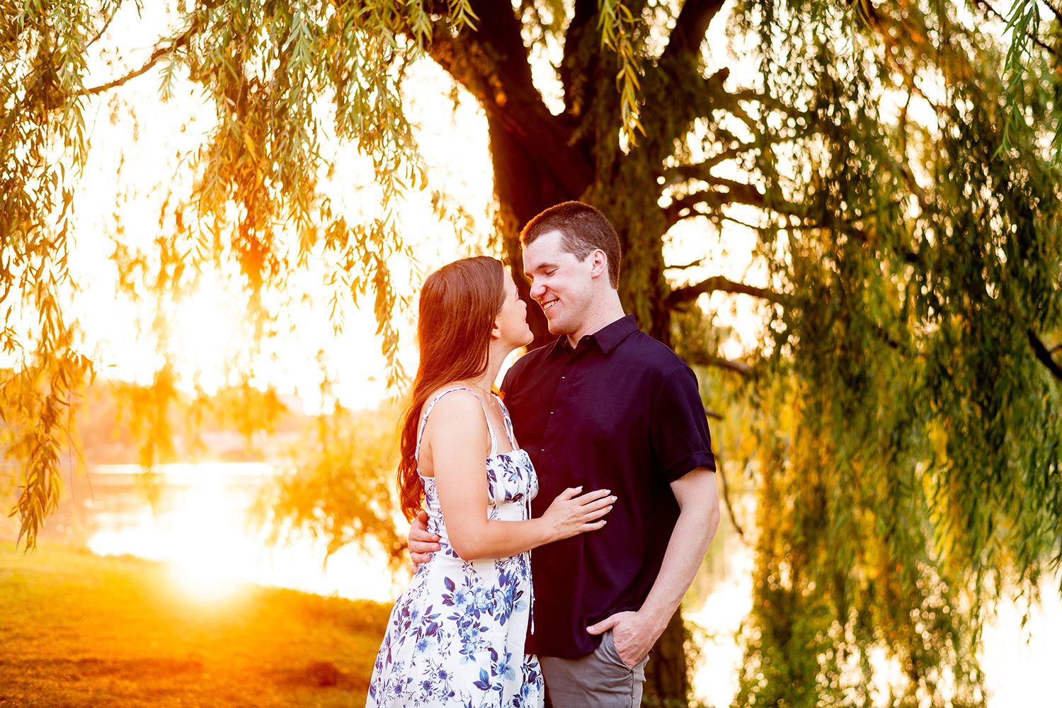 A romantic couple embraces under cascading willow tree branches during golden sunset lighting.