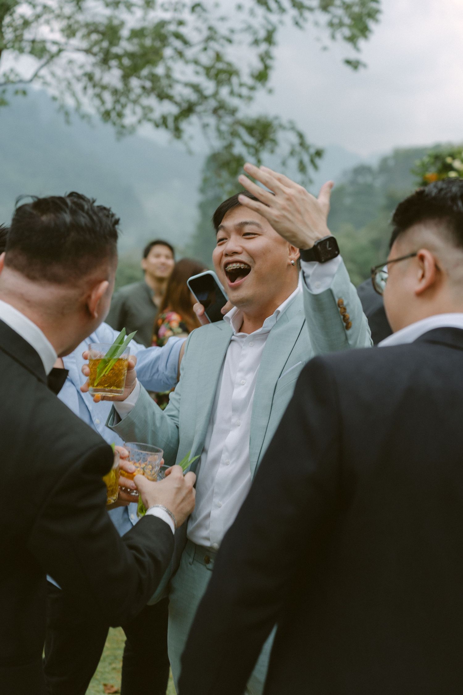 A joyful celebration captured in a sequence of candid moments showing laughter and camaraderie at an outdoor event.
