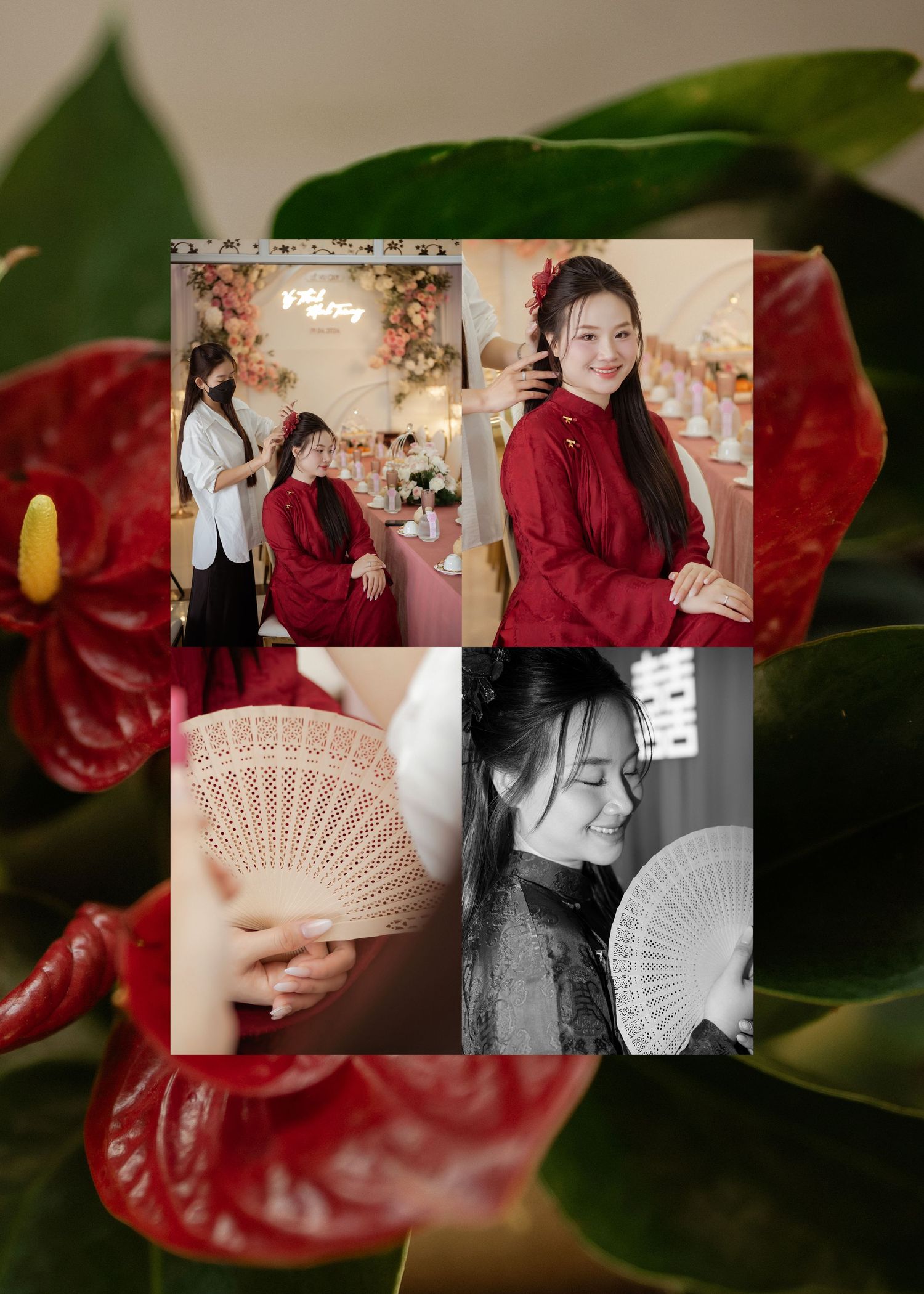 A collage of four artistic portrait photos with traditional Chinese fans and red elements against a floral background.