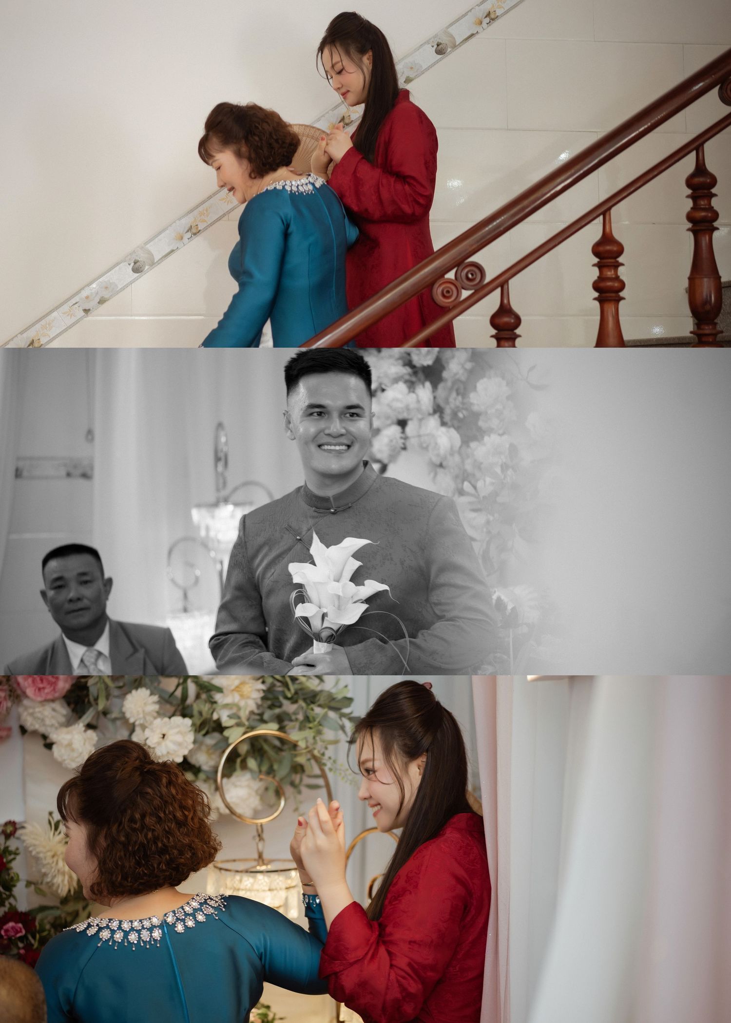 Three connected photos show moments during preparations, with people in red and blue outfits on stairs and near floral decor.