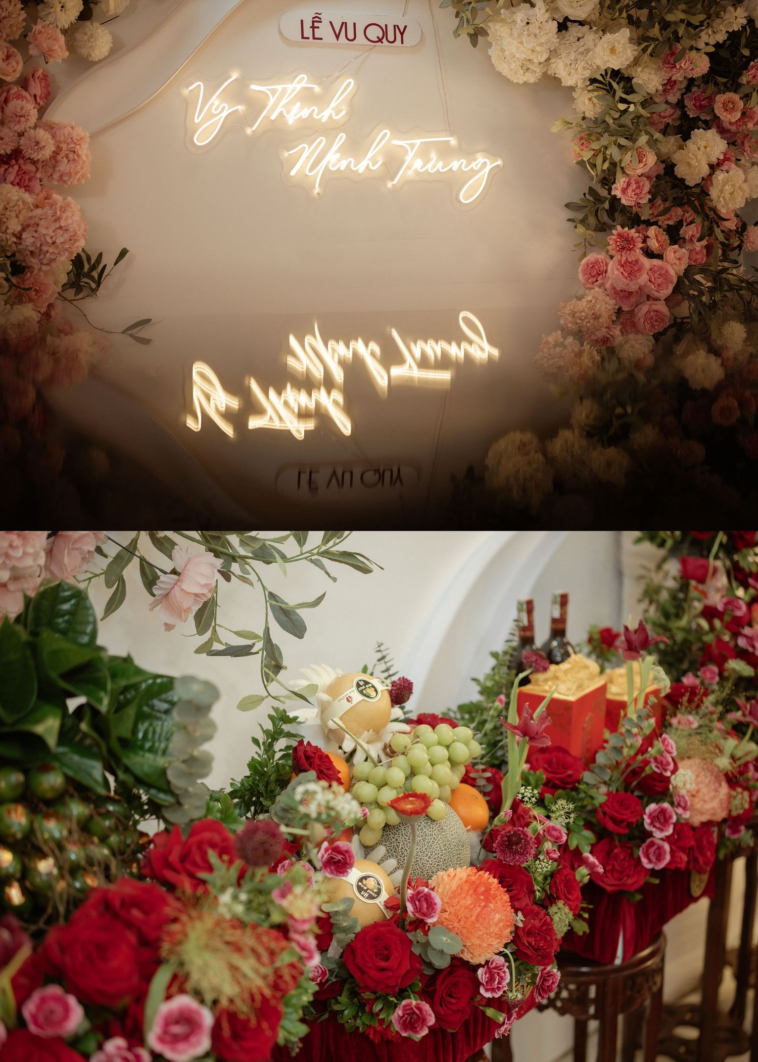 Elegant wedding decor with glowing neon signage and lush floral arrangements of roses and greenery.
