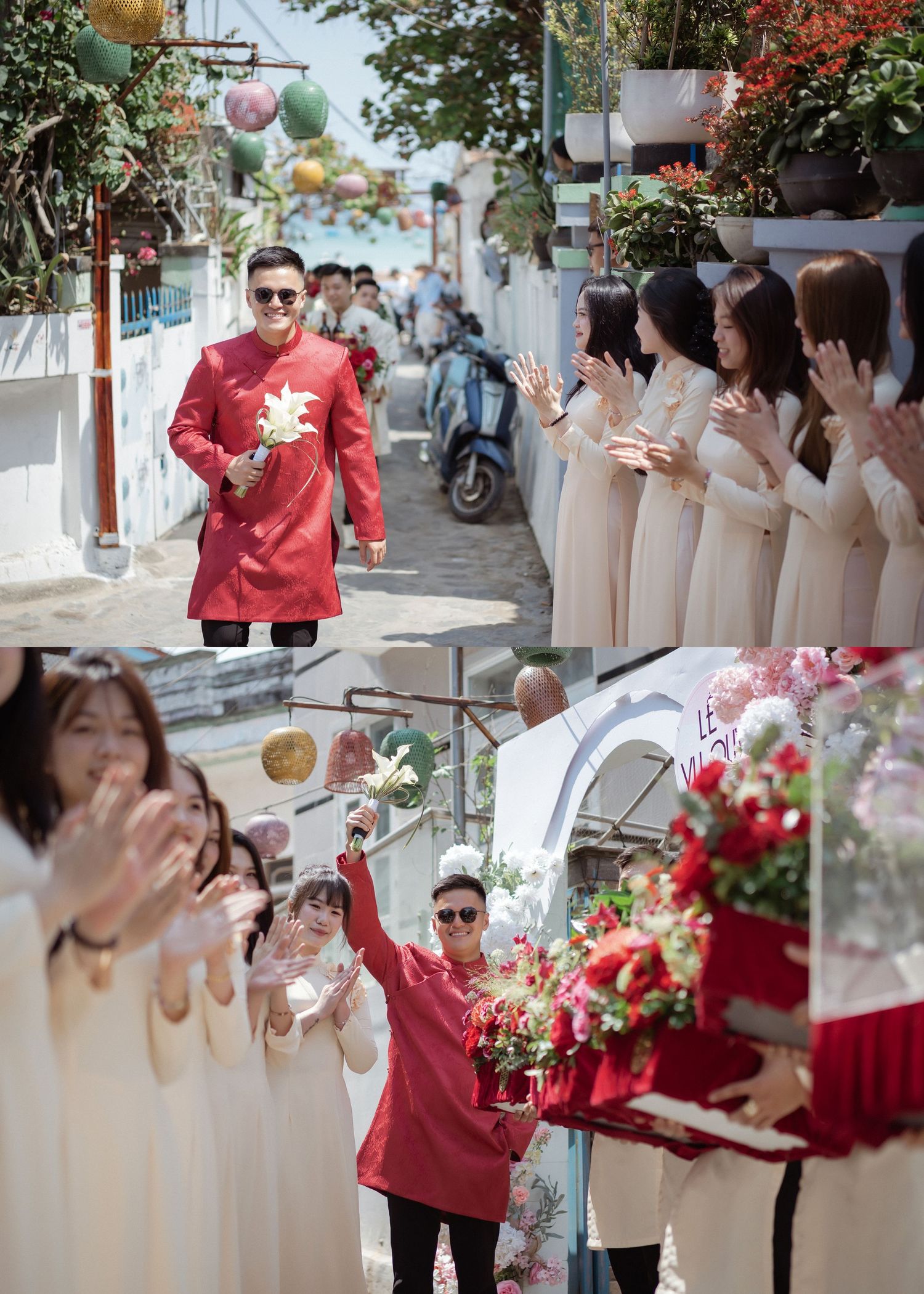Traditional wedding scene in an outdoor setting with attendees in red and cream colored attire along a decorated street.