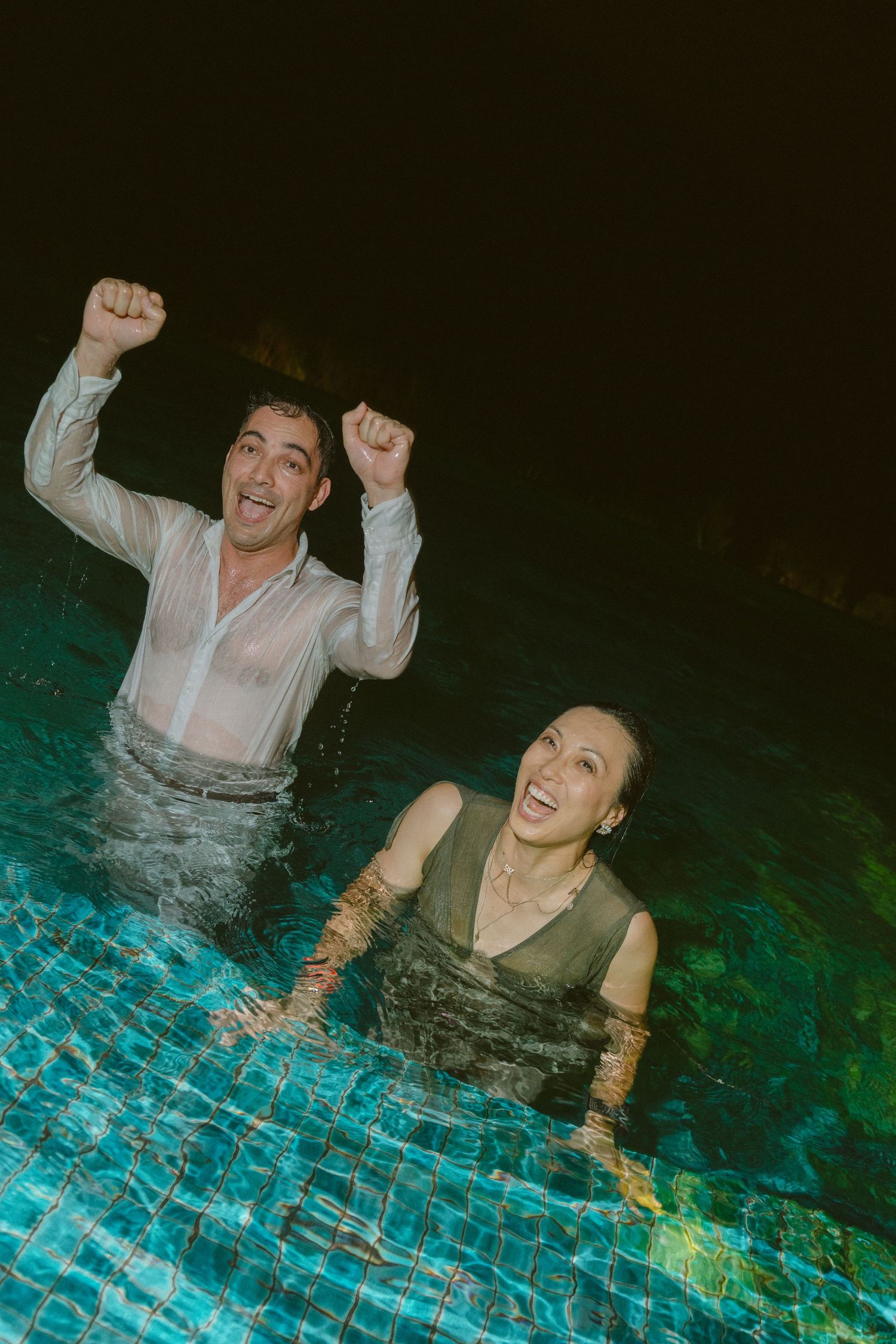 Four sequential photos show people enjoying a playful moment splashing and laughing in illuminated blue-green pool water.