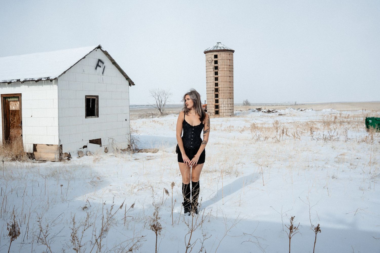 A scenic winter landscape with a white farmhouse and tall silo in the background on a snowy rural property.