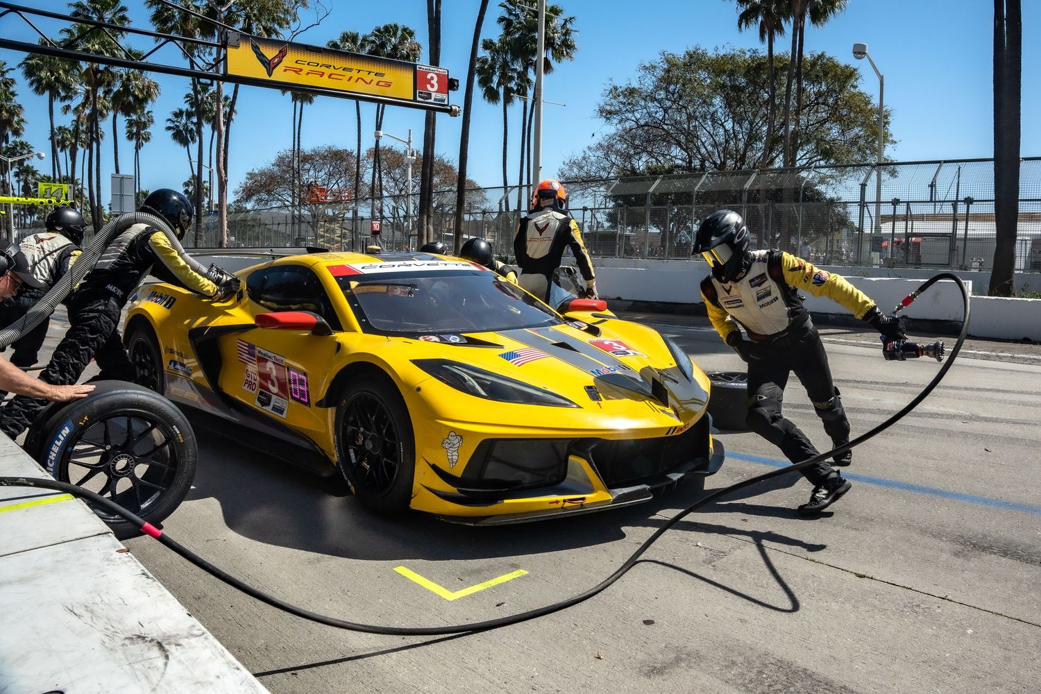 Race crew members service a yellow Corvette race car during a pit stop at a motorsports event with palm trees in background.