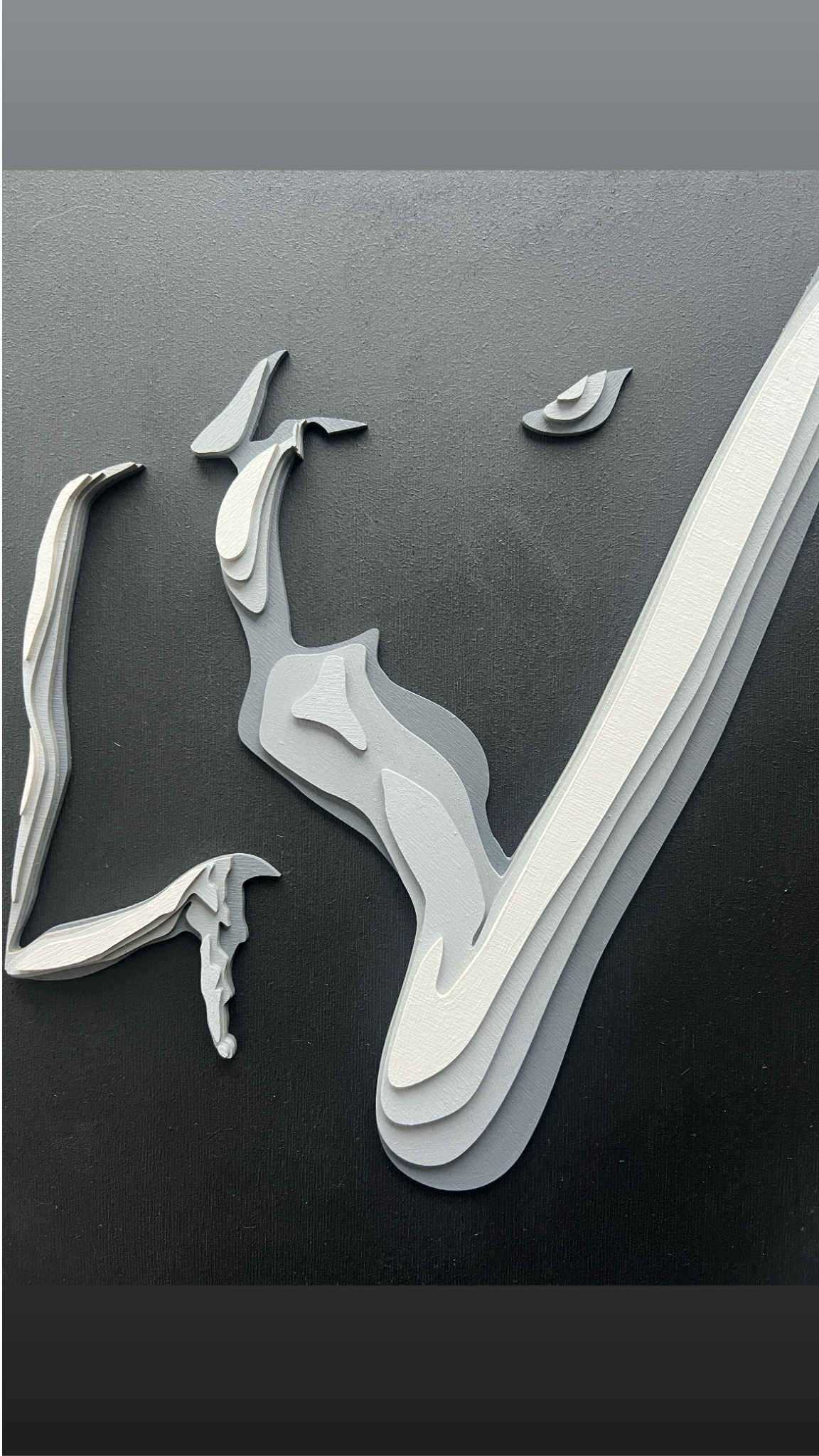 Abstract white paper art pieces arranged on dark grey background showing flowing curves and shapes.