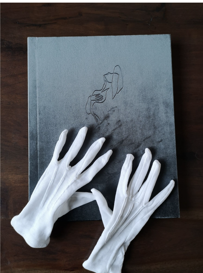 White gloves placed on grey book cover with smoke-like illustration.