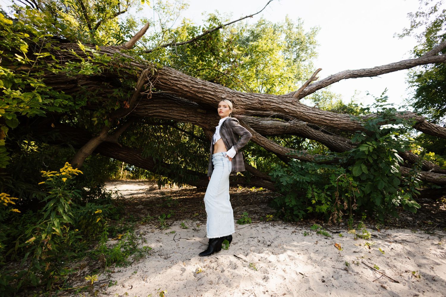 A person in a white apron stands by a fallen tree branch in a sunlit wooded area.