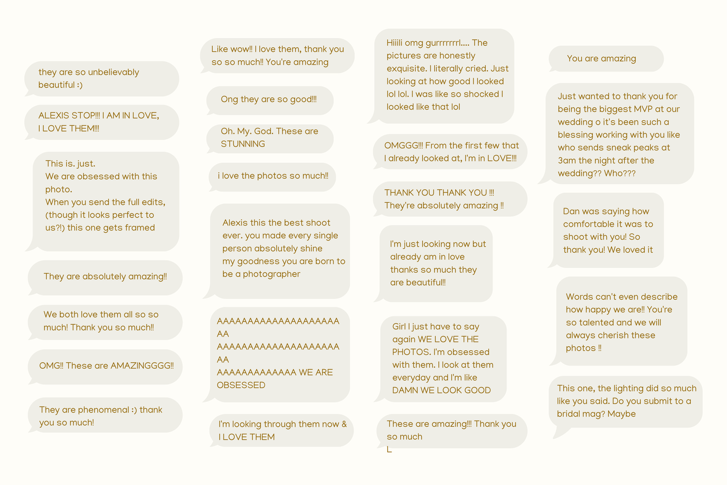 A collection of light beige text message bubbles arranged in a grid pattern against a white background.