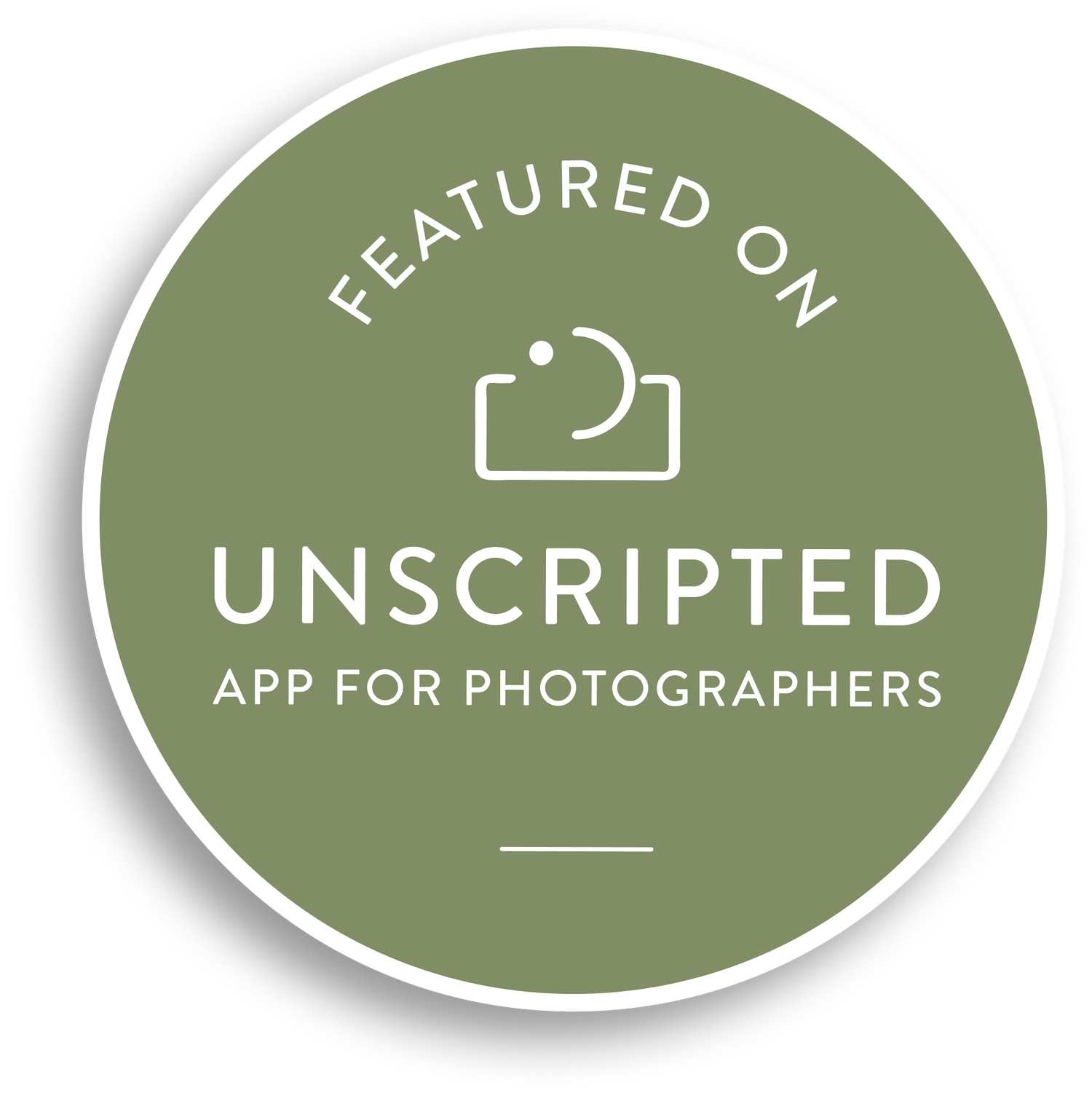 Green circular logo badge for Unscripted photography app featuring a simple camera icon design.
