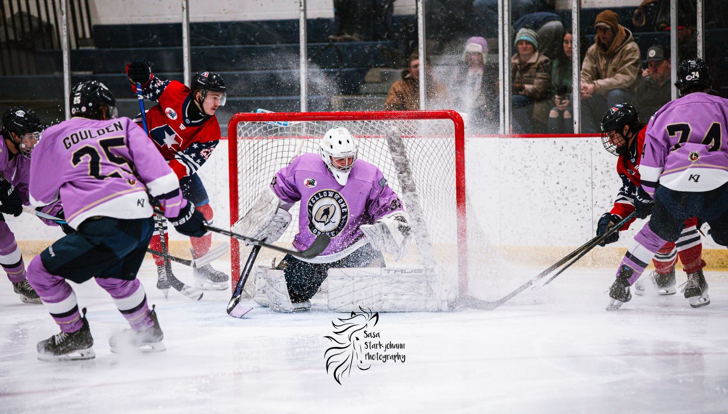Ice hockey game action with players in purple jerseys defending the goal.
