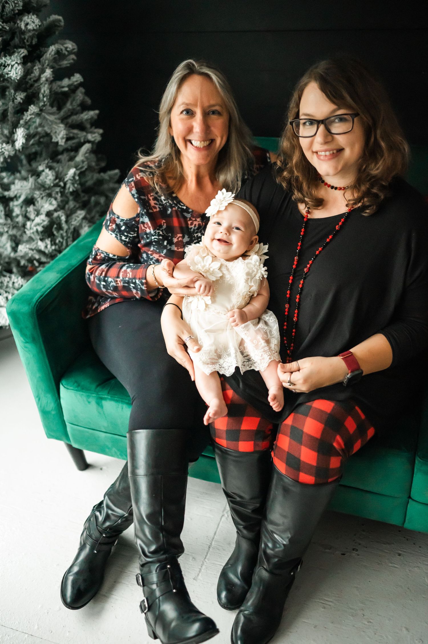 A multigenerational Christmas time photo of 3 women - Mother, Daughter, Granddaughter