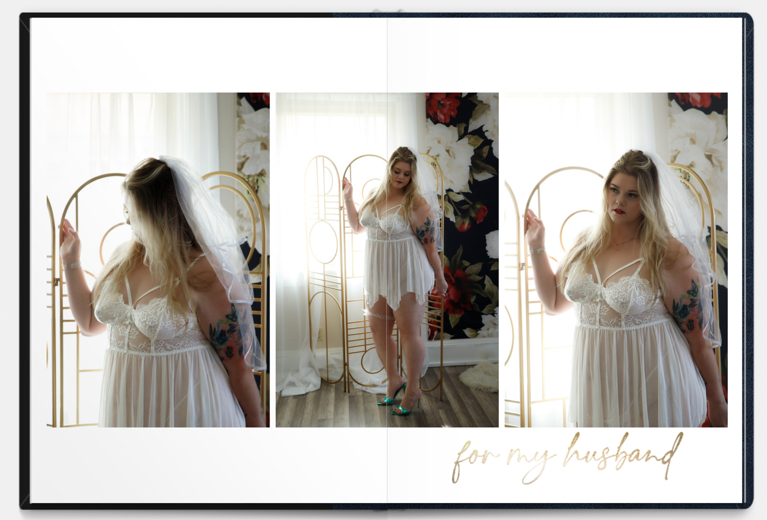 A three-panel image shows someone modeling a white lace bridal dress against a light background.