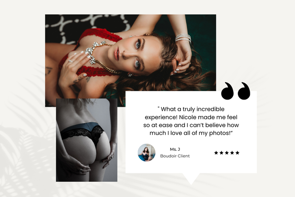Five small profile photos arranged in a row showing abstract black and white portrait photography and testimonial text.