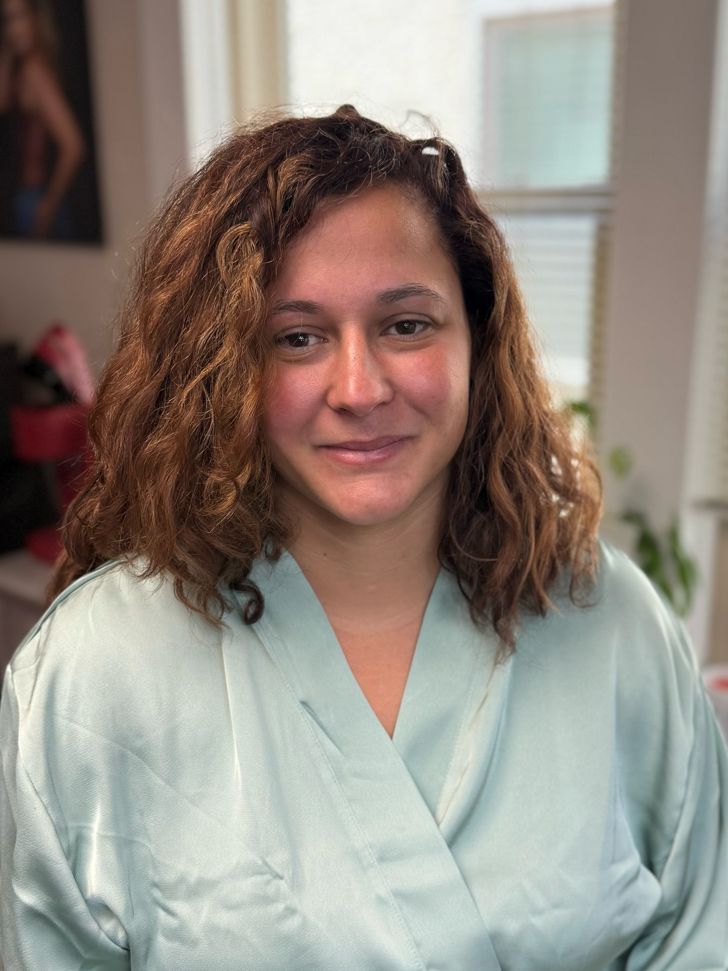 A Before and After series showing a person in a light blue robe with curly brown hair making various expressions.