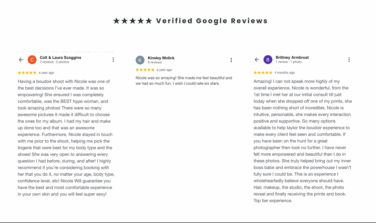 Screenshot of three verified 5-star Google reviews.