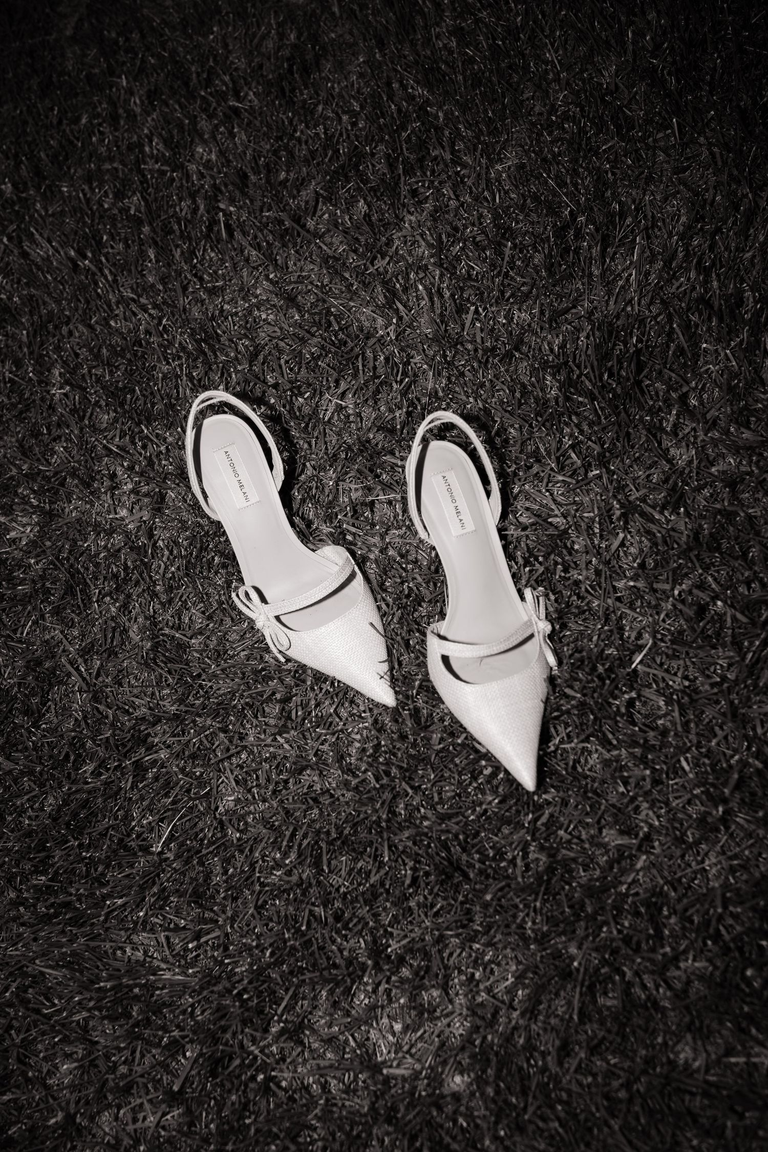 Black and white photograph of a pair of elegant white pointed-toe slingback heels sitting on grass.