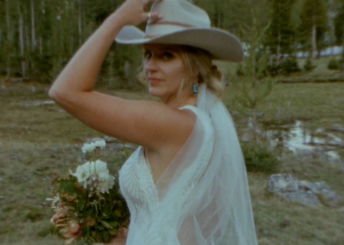 A person in a light-colored dress and hat poses outdoors in multiple artistic film-style photographs.