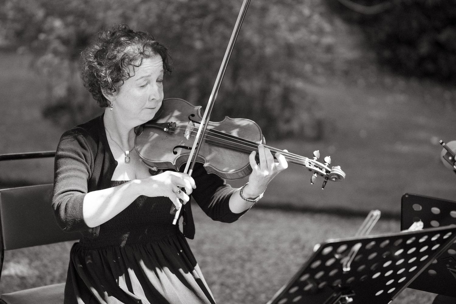 String quartet musicians perform outdoors in black attire.