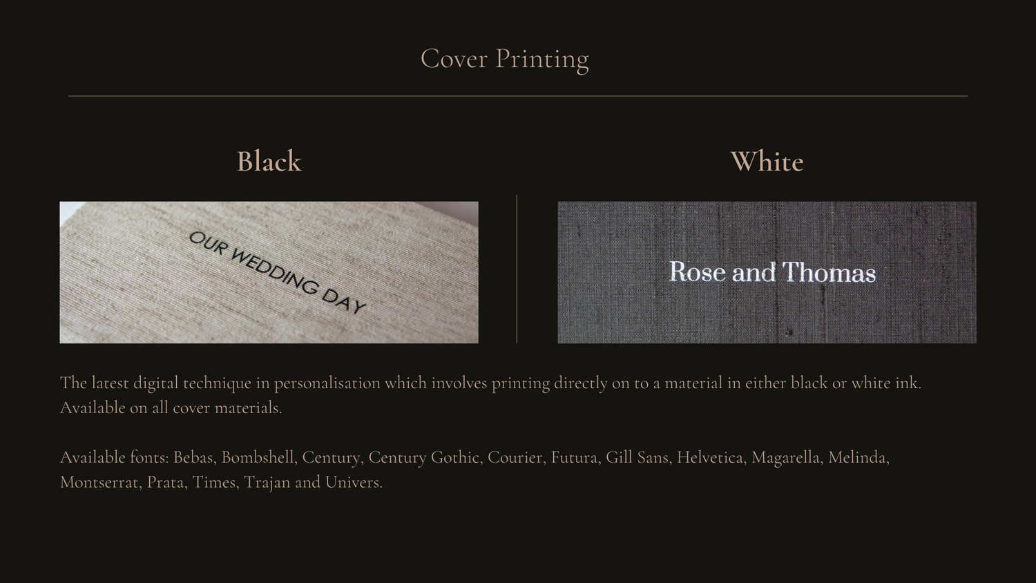 Two business card printing options shown side by side in black and white, displaying text samples on contrasting backgrounds.