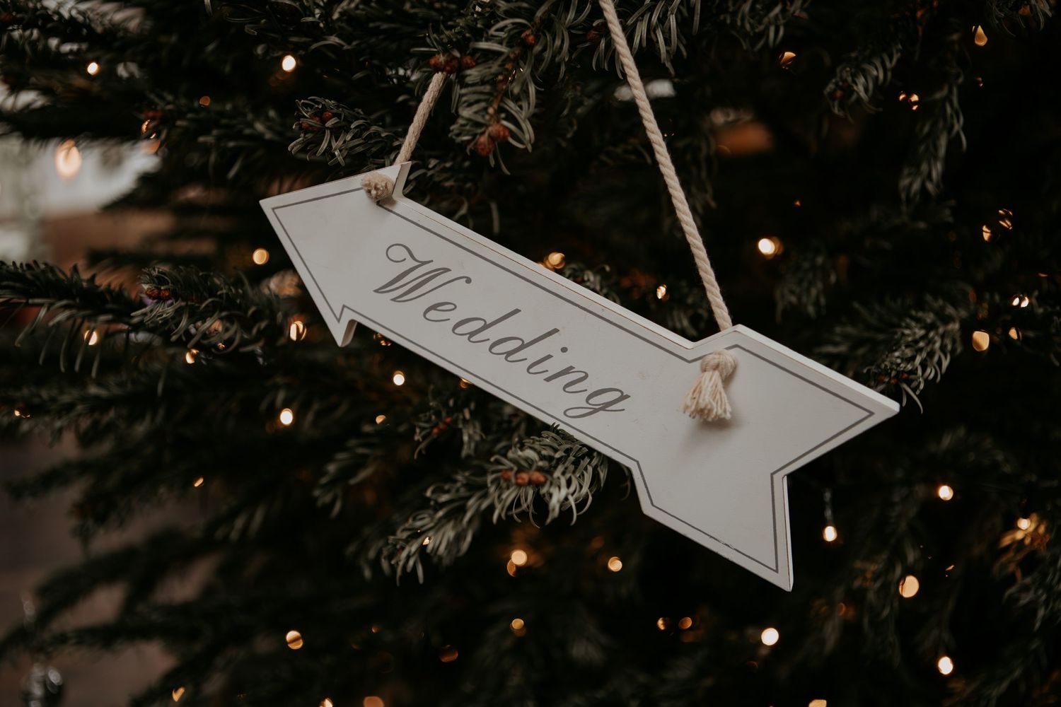 White arrow-shaped ornament with text hanging on Christmas tree branch with twinkling lights.