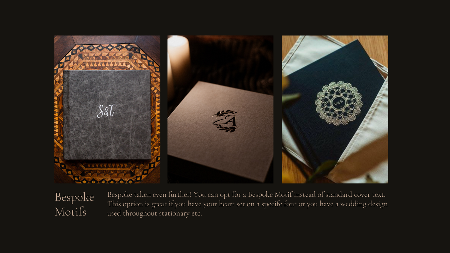 Three elegant book covers or designs featuring ornate frames and minimalist symbols in black and gray tones.