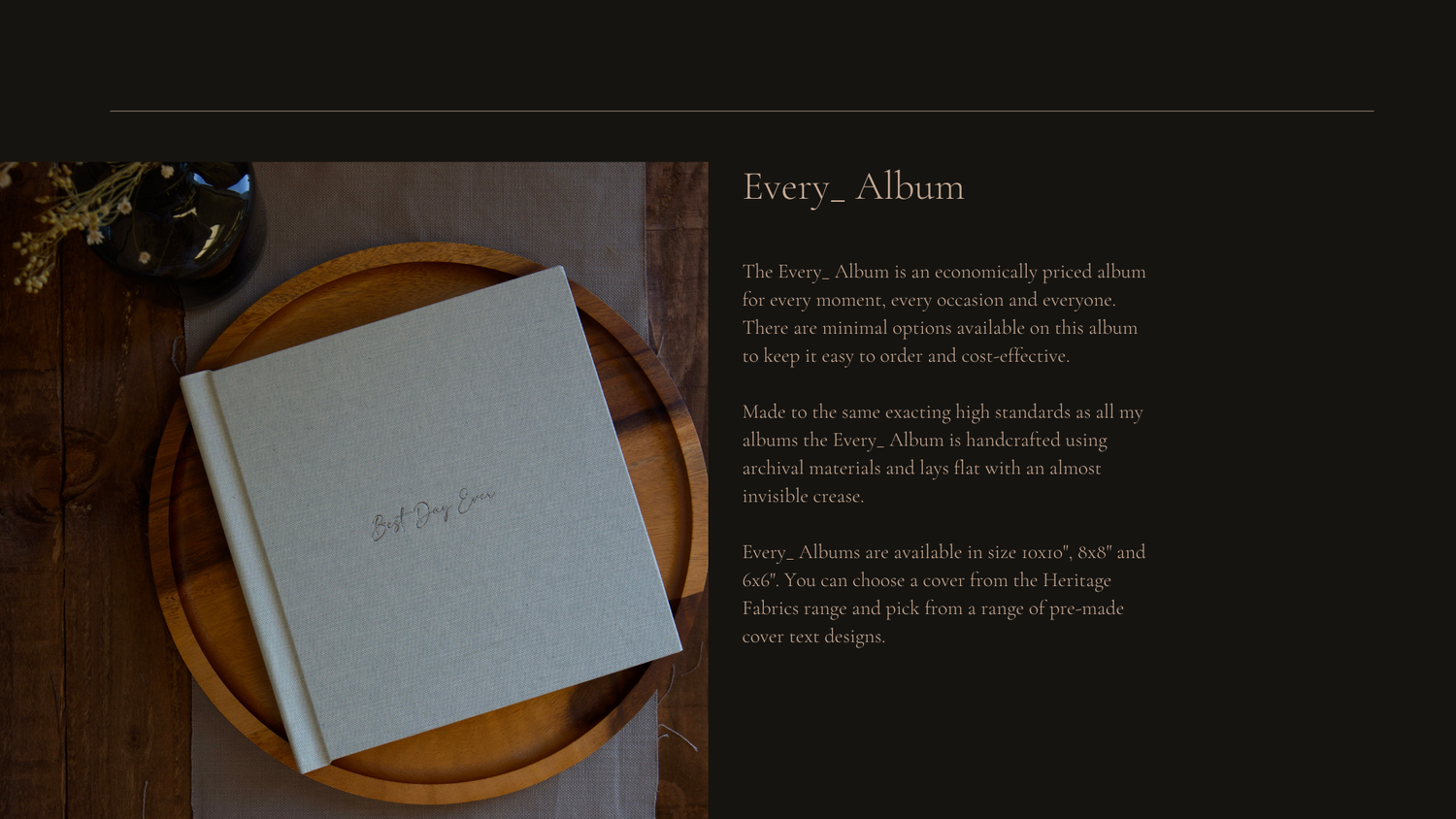 A white wedding album book rests on a golden charger plate with descriptive text visible to the right.