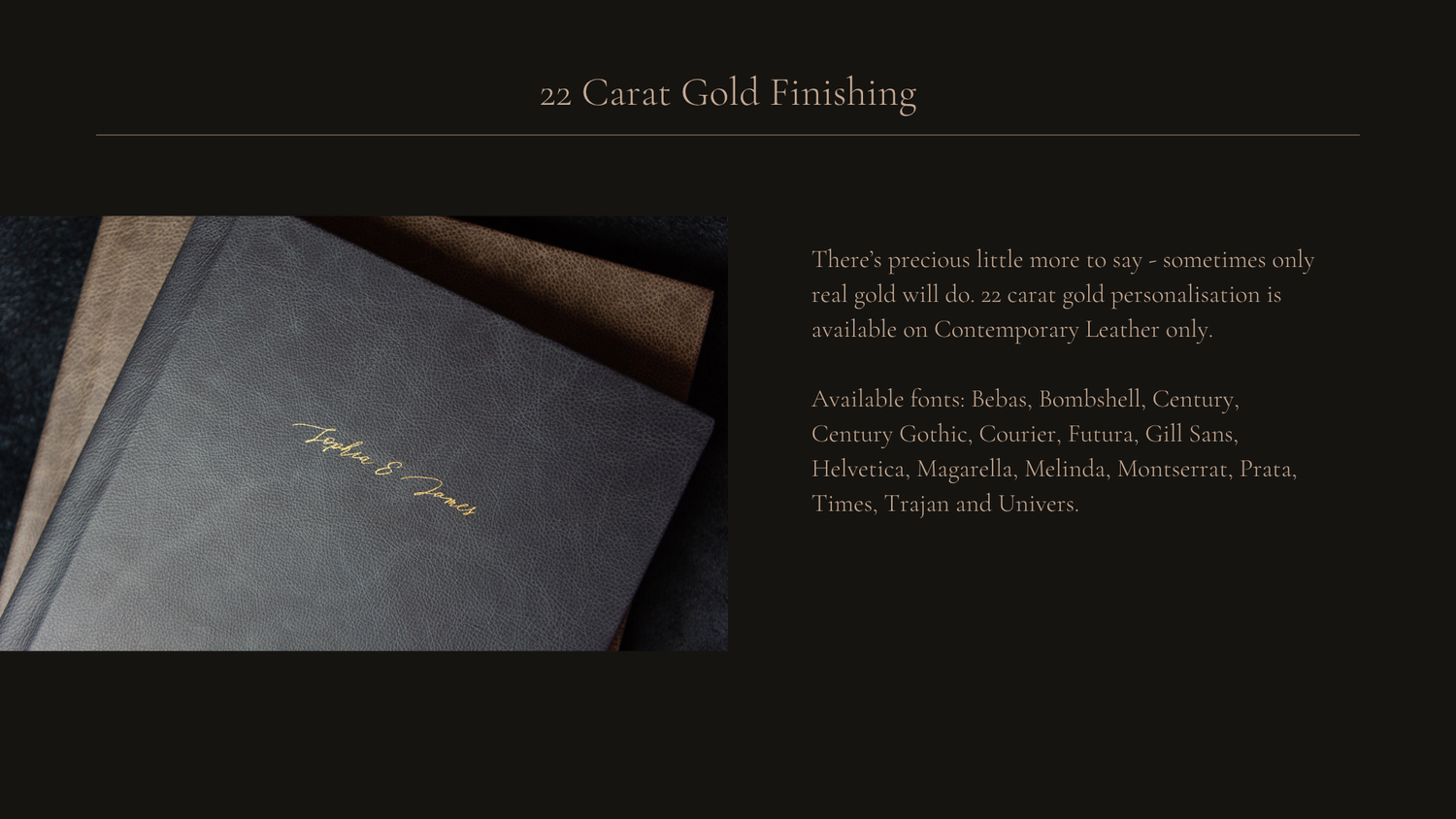 Elegant black leather book with gold foil text against a dark background with promotional text overlay.