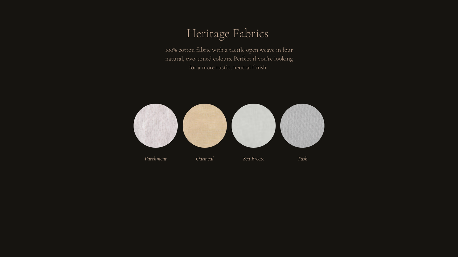 Heritage fabrics logo displayed in white text on a dark background with circular color swatches in gray and beige tones.
