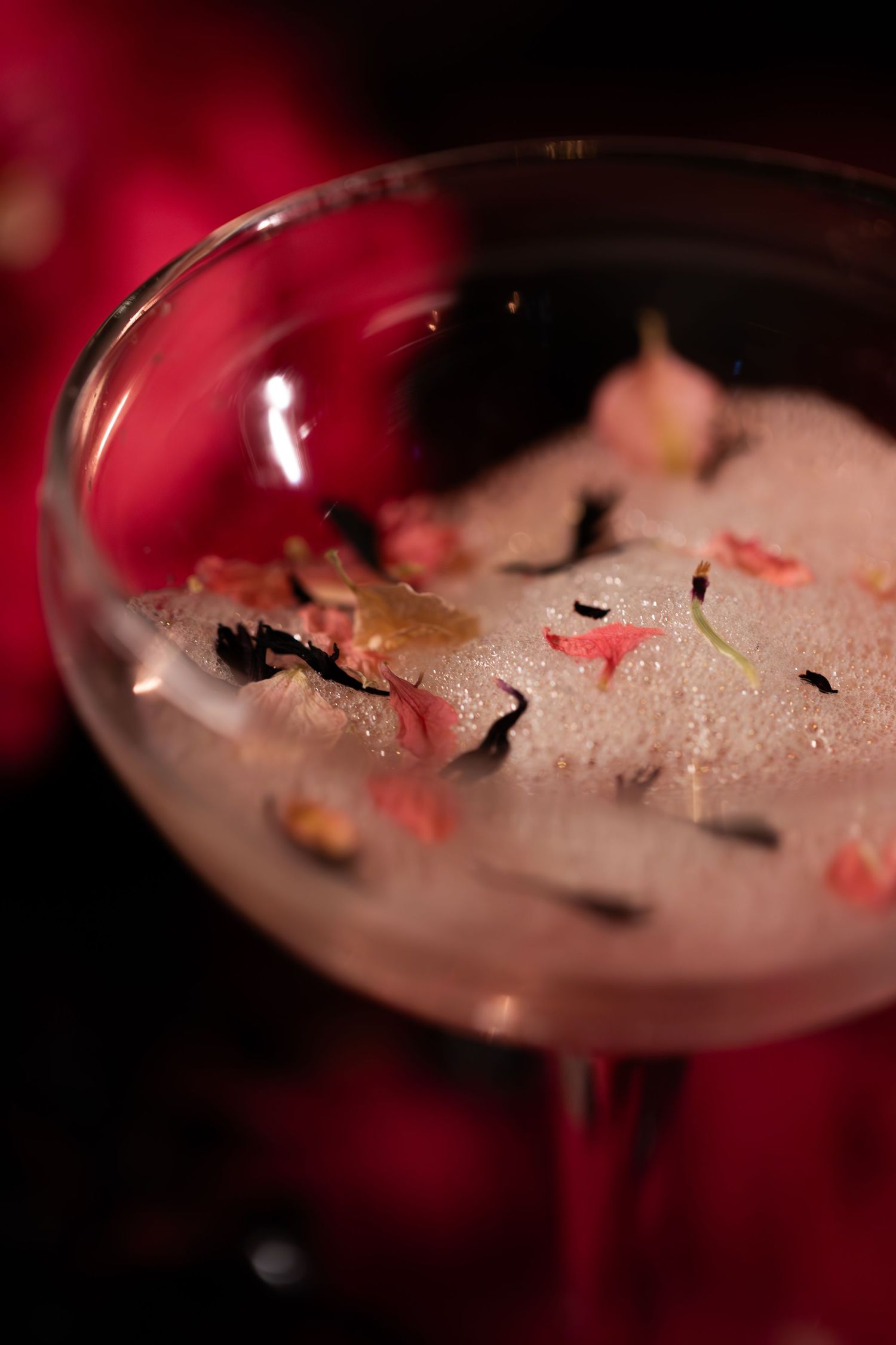 A pink cocktail garnished with flower petals and spices in a coupe glass.