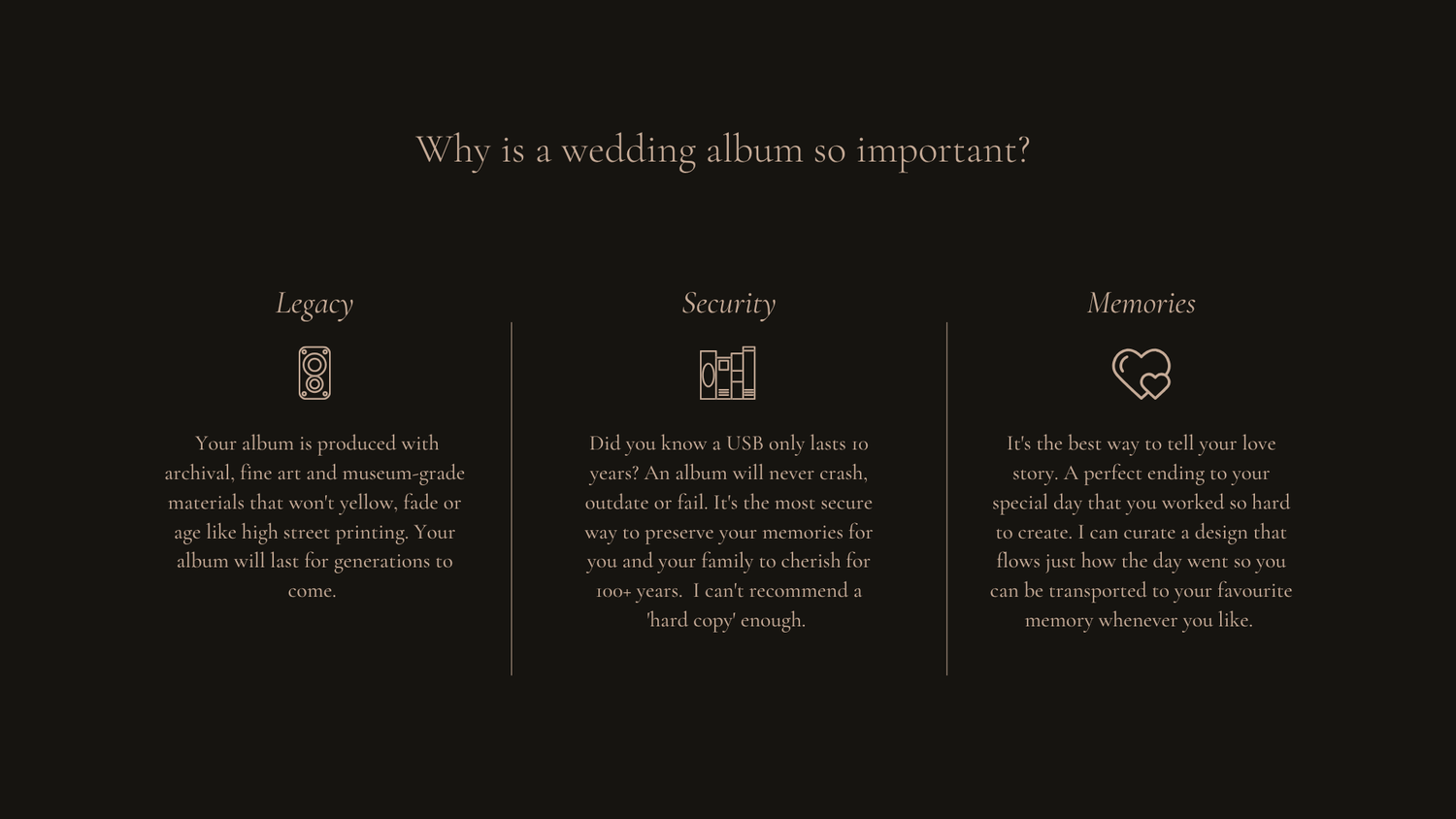 Wedding album pages displayed on a dark background with overlaid text and layout designs.
