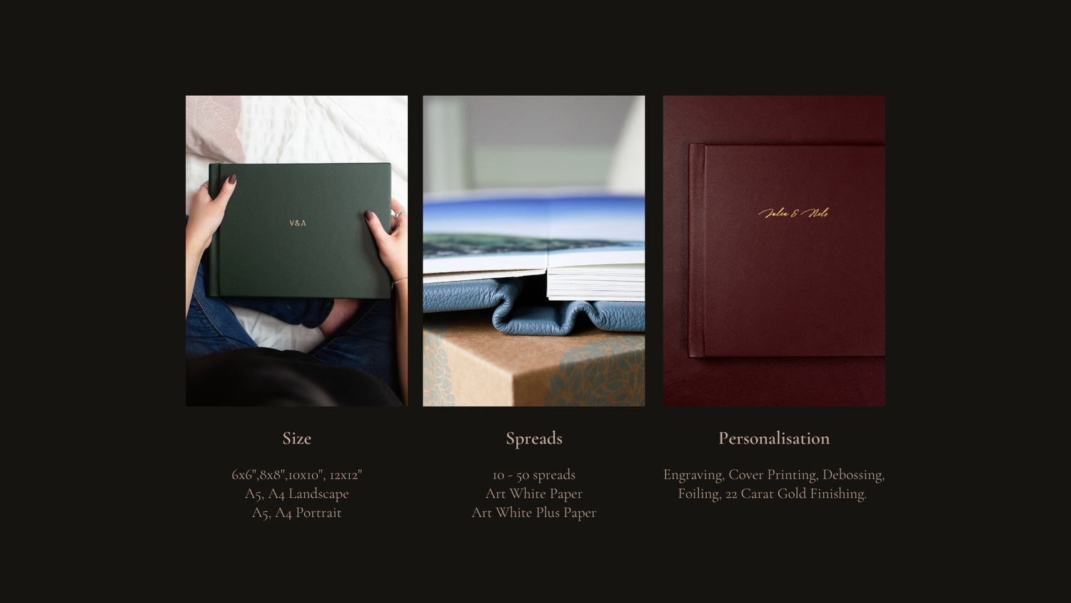 Three album covers arranged horizontally showing a dark album, coastal landscape photo, and deep red cover.