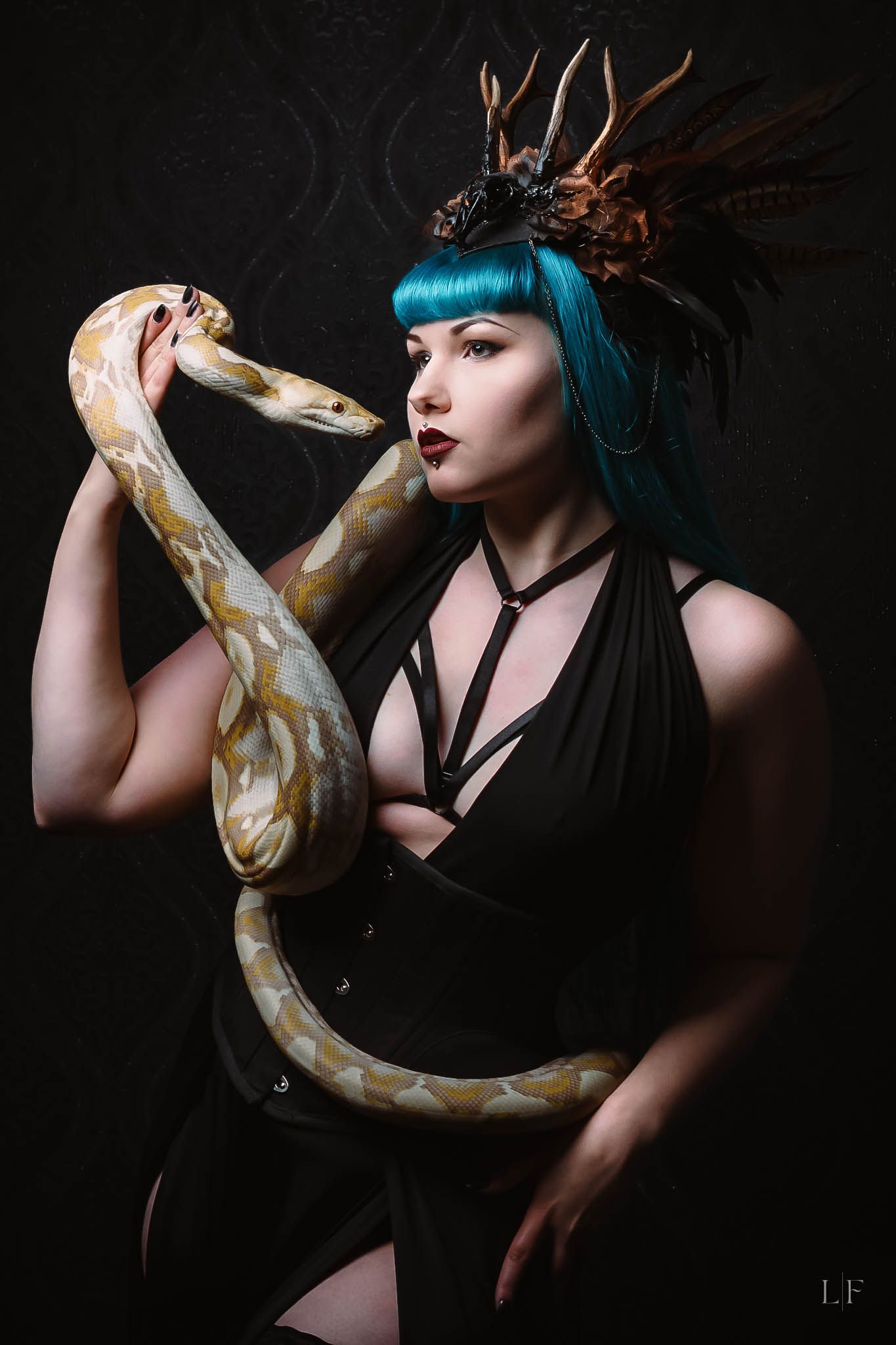 A dramatic studio photoshoot with a pale albino snake wrapped around against a dark background.