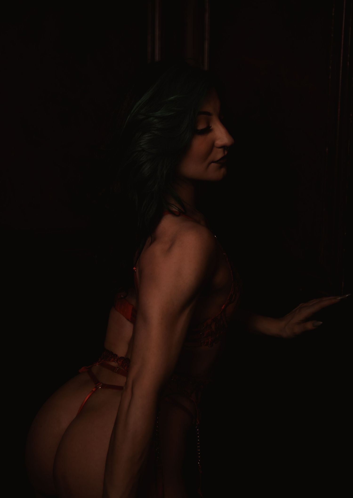 Dark moody portrait showing silhouette against deep shadows in a sensual artistic composition.