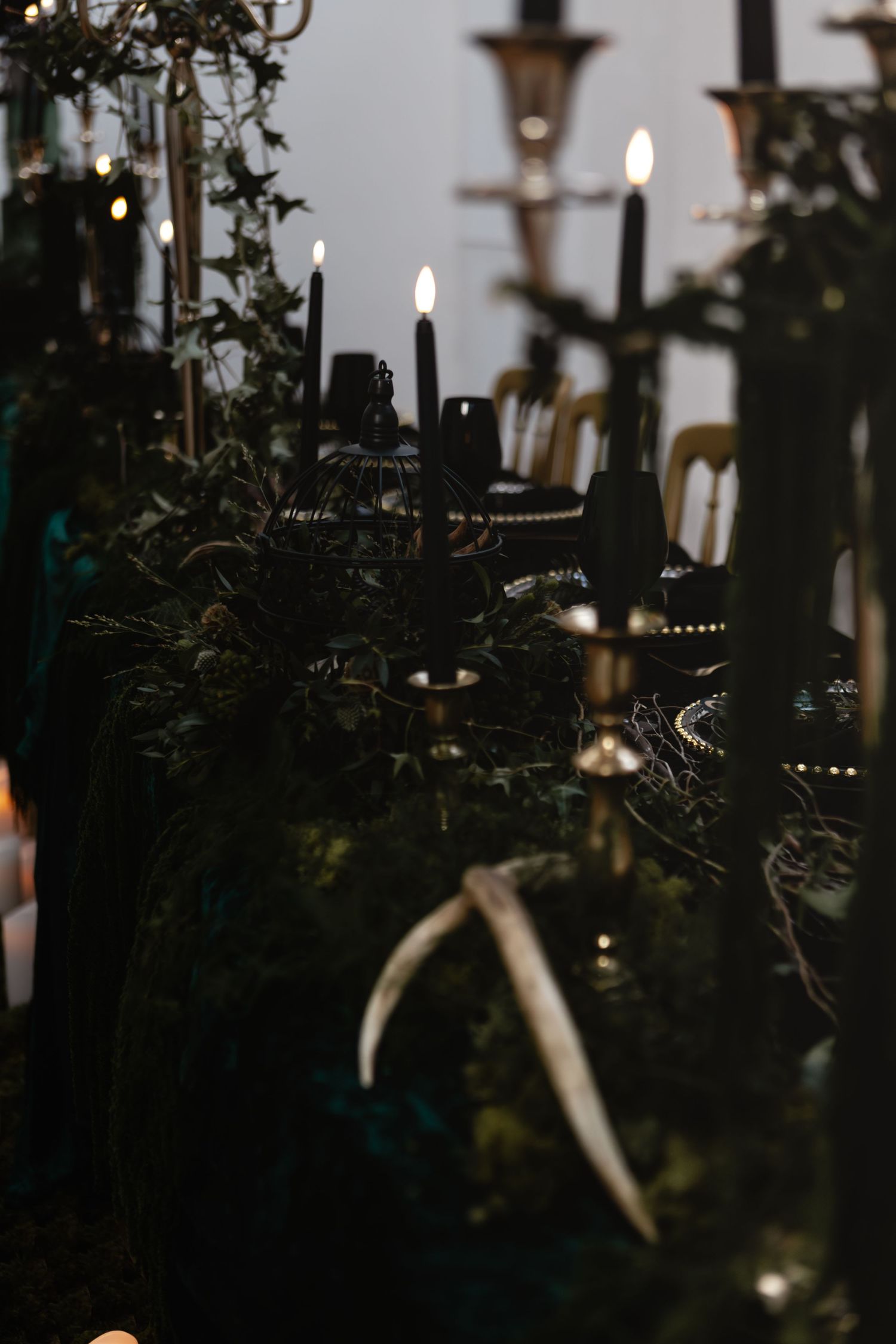 A collection of lit candles creates a moody, dark atmosphere with greenery and candlesticks in a dramatic setting.