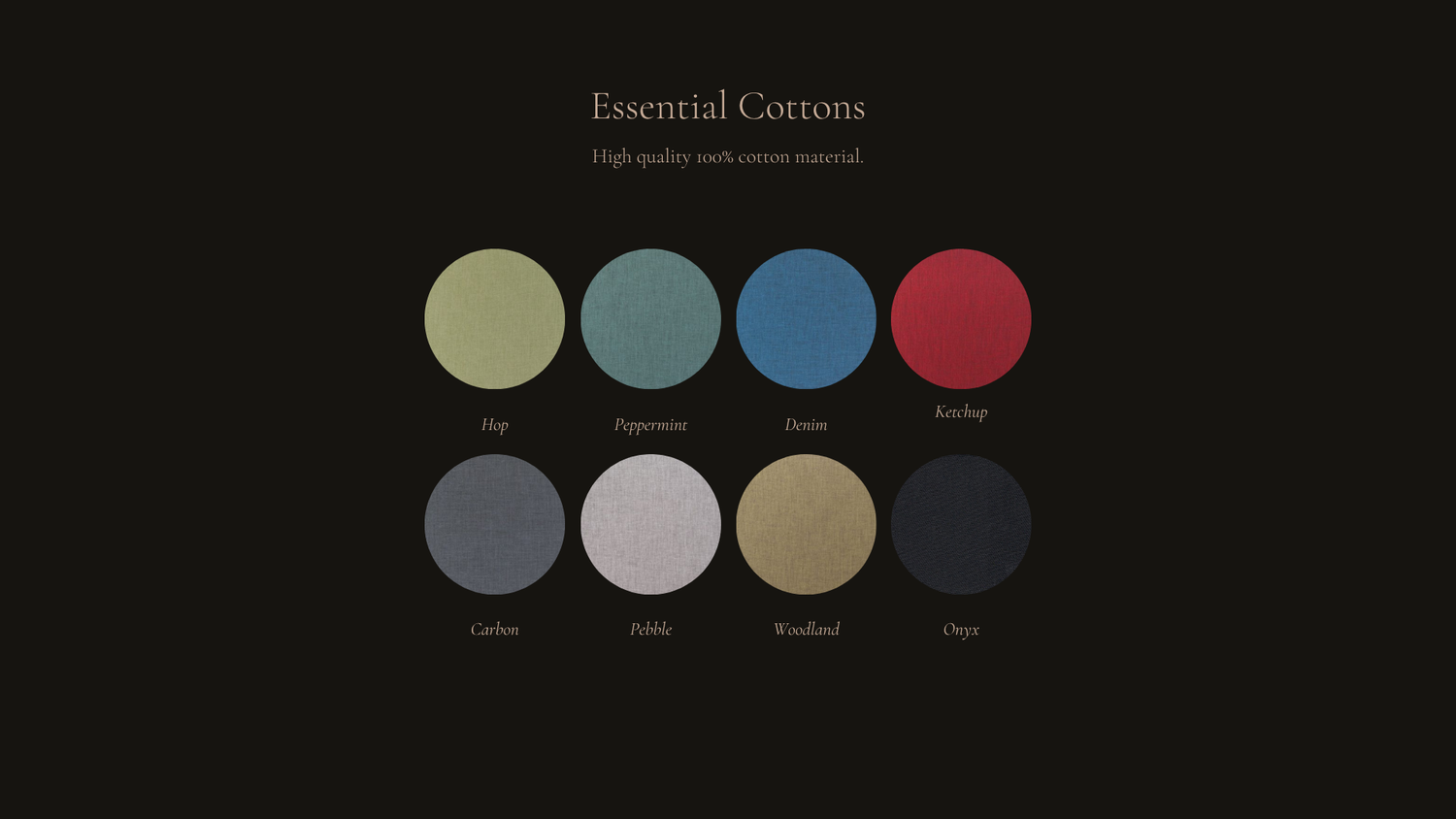 A minimalist color palette featuring eight circular swatches in muted tones including blue, red, gray, and beige against black.