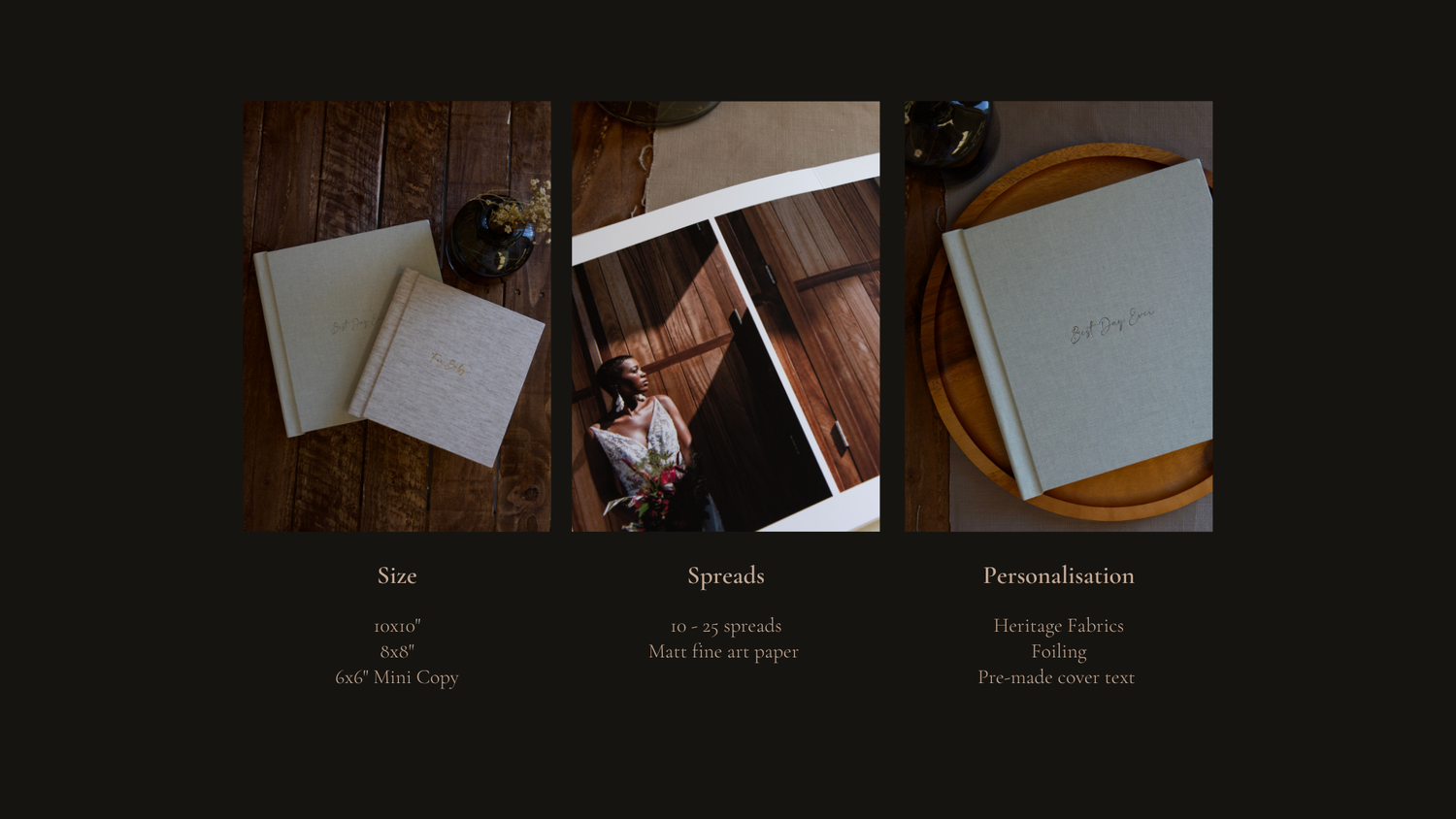 Three minimalist menu layouts for online galleries featuring white cards on a dark wooden background.