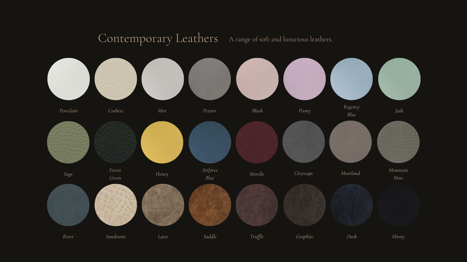A collection of color swatches showing contemporary leather finishes arranged in horizontal rows on a black background.
